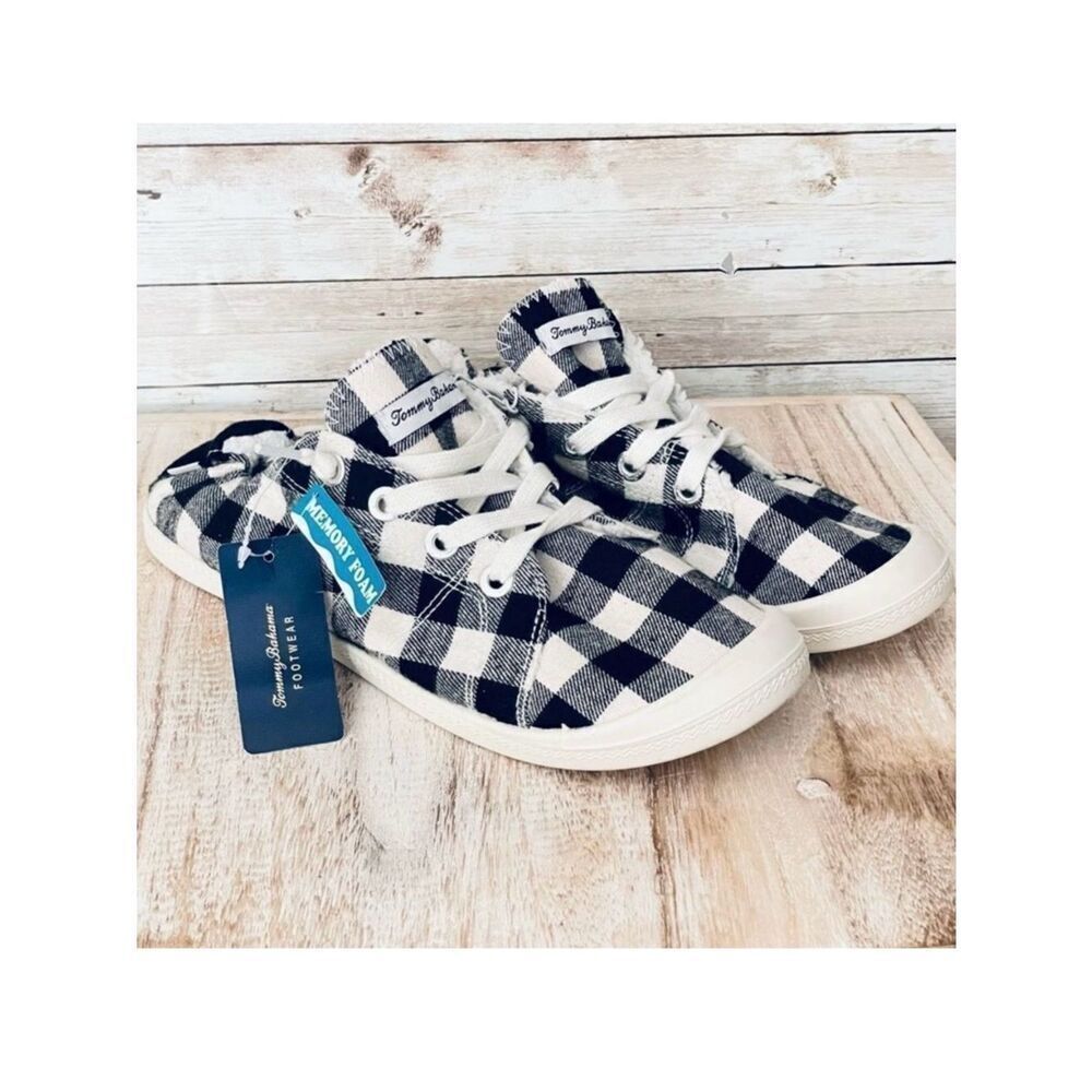 NWT TOMMY BAHAMA Sz 9 No-Tie Memory Foam Slip-on Sneakers Black White Plaid